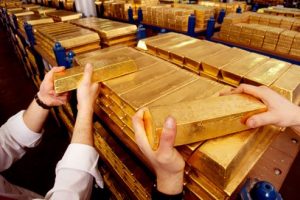 Gold bars ingots in the Gold vault under the Bank of England in Threadneedle Street London England